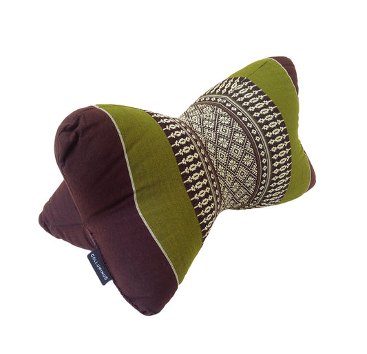 Collumino Traditional Thai Kapok Neck Support Pillow – Organic Firm Yoga & Massage Bolster Cushion (30 x 15cm) Portable Headrest & Knee Support (Green and Brown)