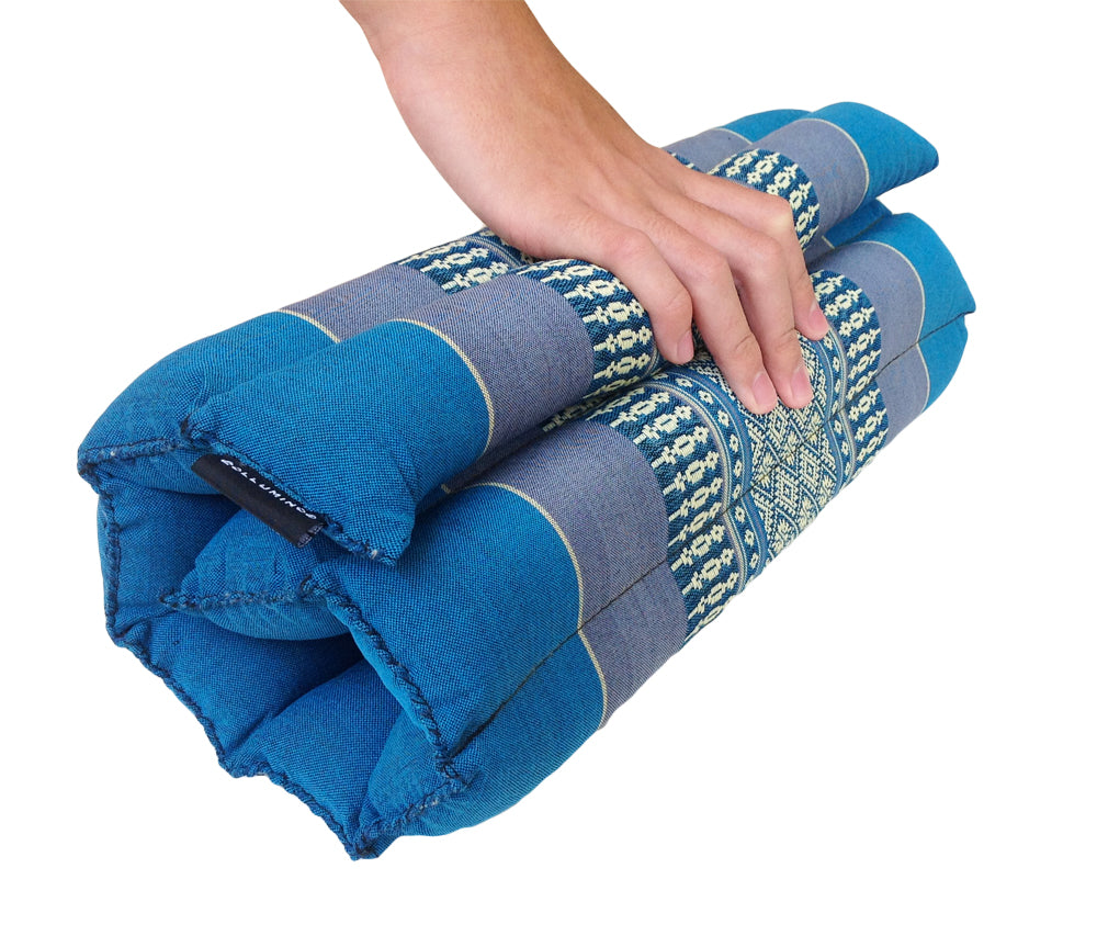 Collumino Thai Kapok Roll-Up Floor Cushion | Portable Meditation Yoga and Prayer Seat Pad 38x38cm (Blue)