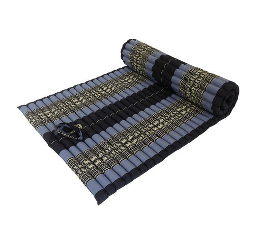 Thai Kapok XL Roll-Up Floor Mattress for Yoga, Massage & Meditation (Navy Blue with Elephants)