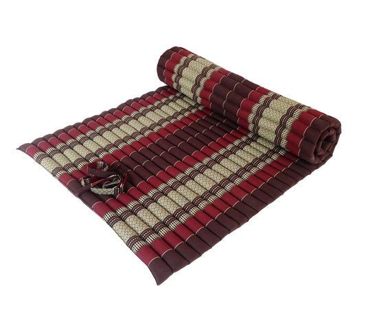 Thai Kapok XL Roll-Up Floor Mattress for Yoga, Massage & Meditation (Burgundy and Brown)