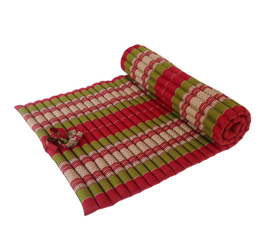 Thai Kapok XL Roll-Up Floor Mattress for Yoga, Massage & Meditation (Green and Burgundy)
