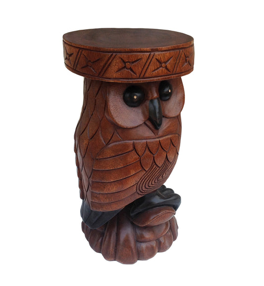 Collumino 20” Wood Carved Owl Design Side Table, End Table & Accent Stool, Caramel Brown