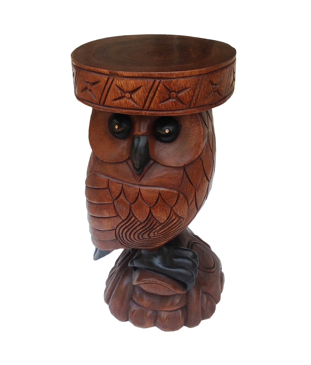Collumino 20” Wood Carved Owl Design Side Table, End Table & Accent Stool, Caramel Brown