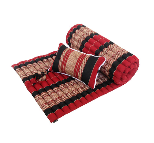 Thai Kapok Roll Up Floor & Topper Mattress & Pillow Set – Medium (200 × 80cm) - Black & Red