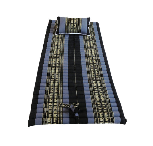 Thai Kapok Roll Up Floor & Topper Mattress & Pillow Set – Medium (200 × 80cm) - Navy Blue & Elephants