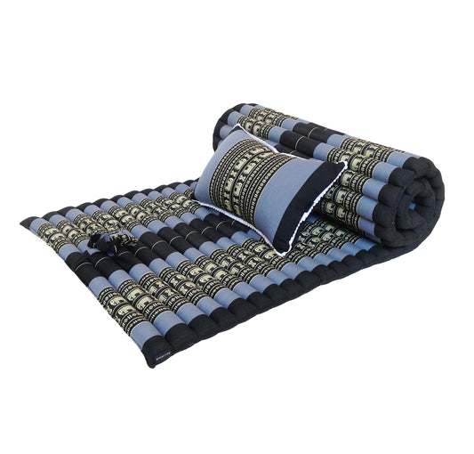 Thai Kapok Roll Up Floor & Topper Mattress & Pillow Set – Medium (200 × 80cm) - Navy Blue & Elephants