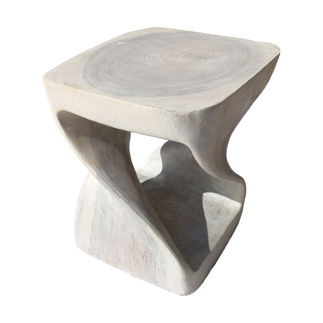 Collumino 12” (30cm) Solid Suar Wood Twist Side Table – White Stained Wooden End Table & Accent Stool