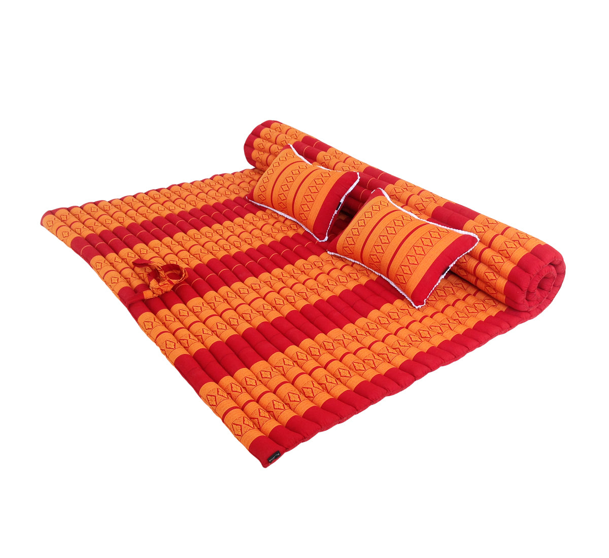 Thai Kapok XXL Roll-Up Double Mattress with Matching Pillows for Yoga, Meditation or Guest Bed (Orange and Red)