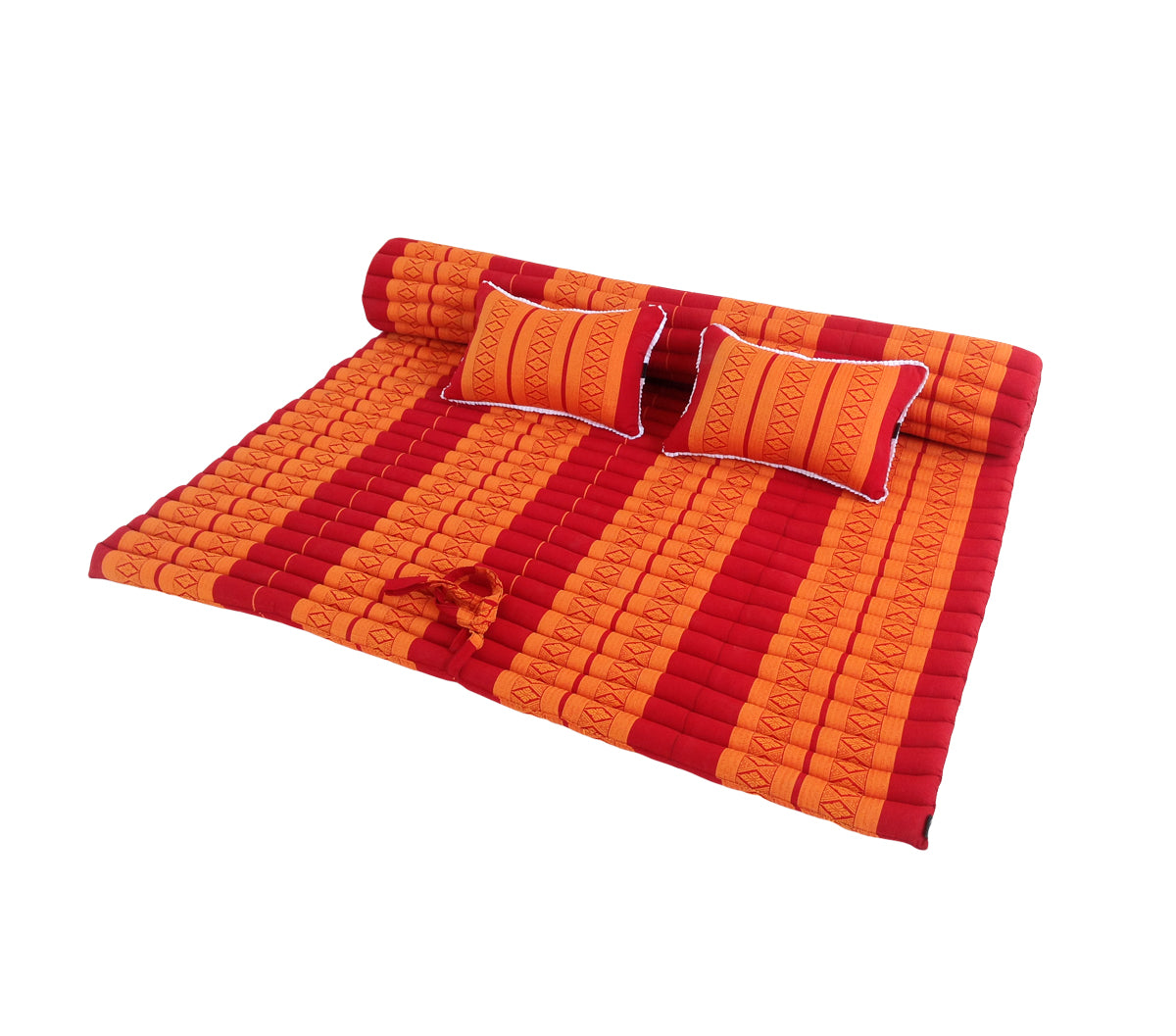 Thai Kapok XXL Roll-Up Double Mattress with Matching Pillows for Yoga, Meditation or Guest Bed (Orange and Red)