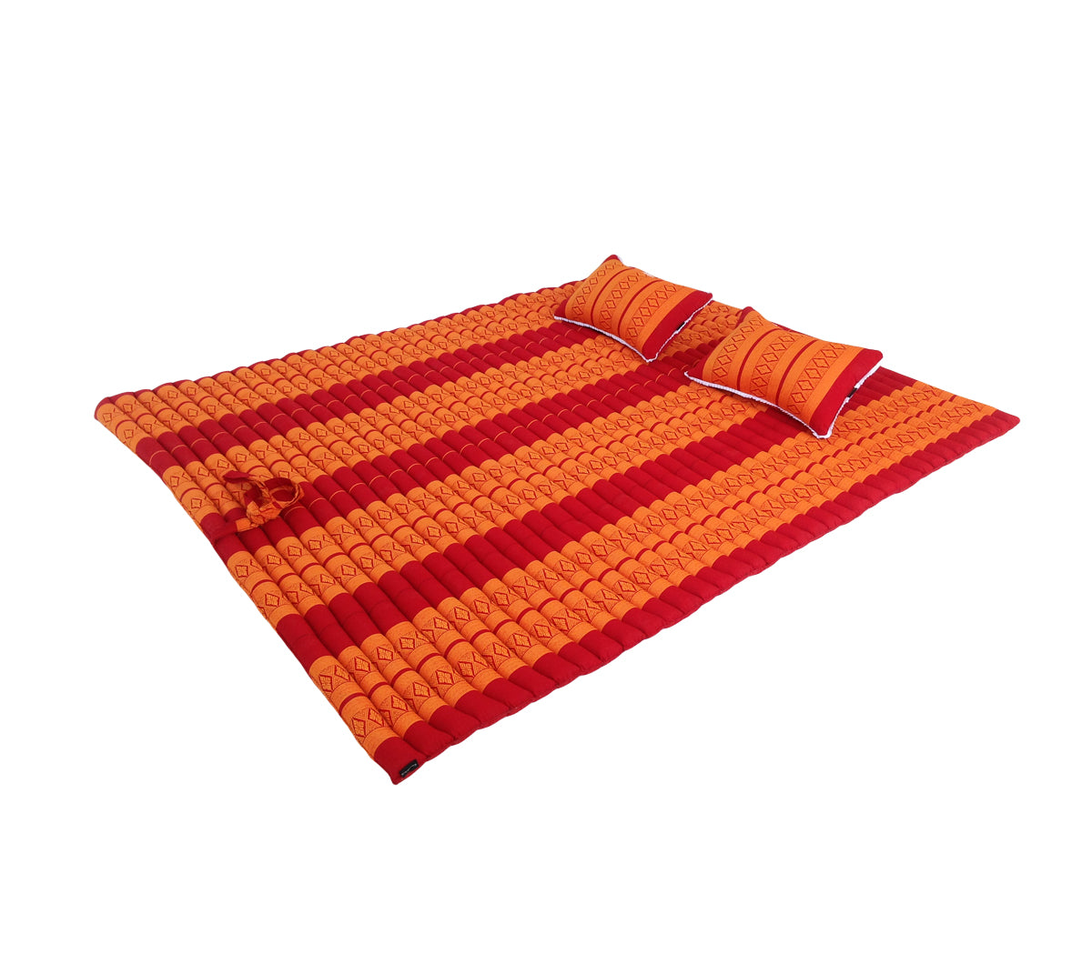 Thai Kapok XXL Roll-Up Double Mattress with Matching Pillows for Yoga, Meditation or Guest Bed (Orange and Red)