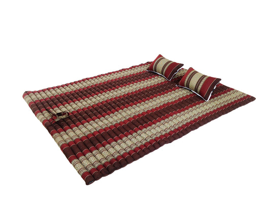 Thai Kapok XXL Roll-Up Double Mattress with Matching Pillows for Yoga or Massage, Burgundy Brown