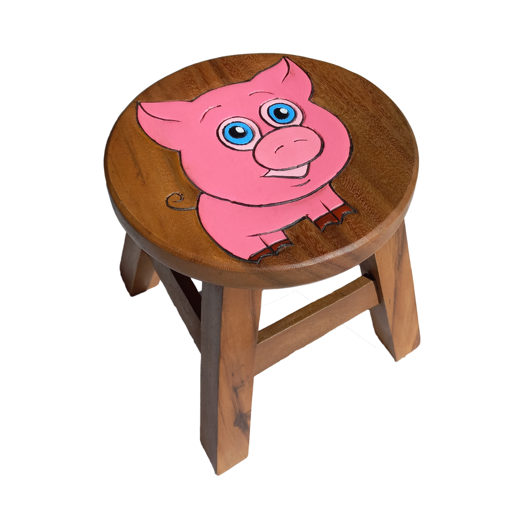 Collumino Handmade Kids Wooden Pig Step Stool – Solid Suar Wood Childrens Booster Stool