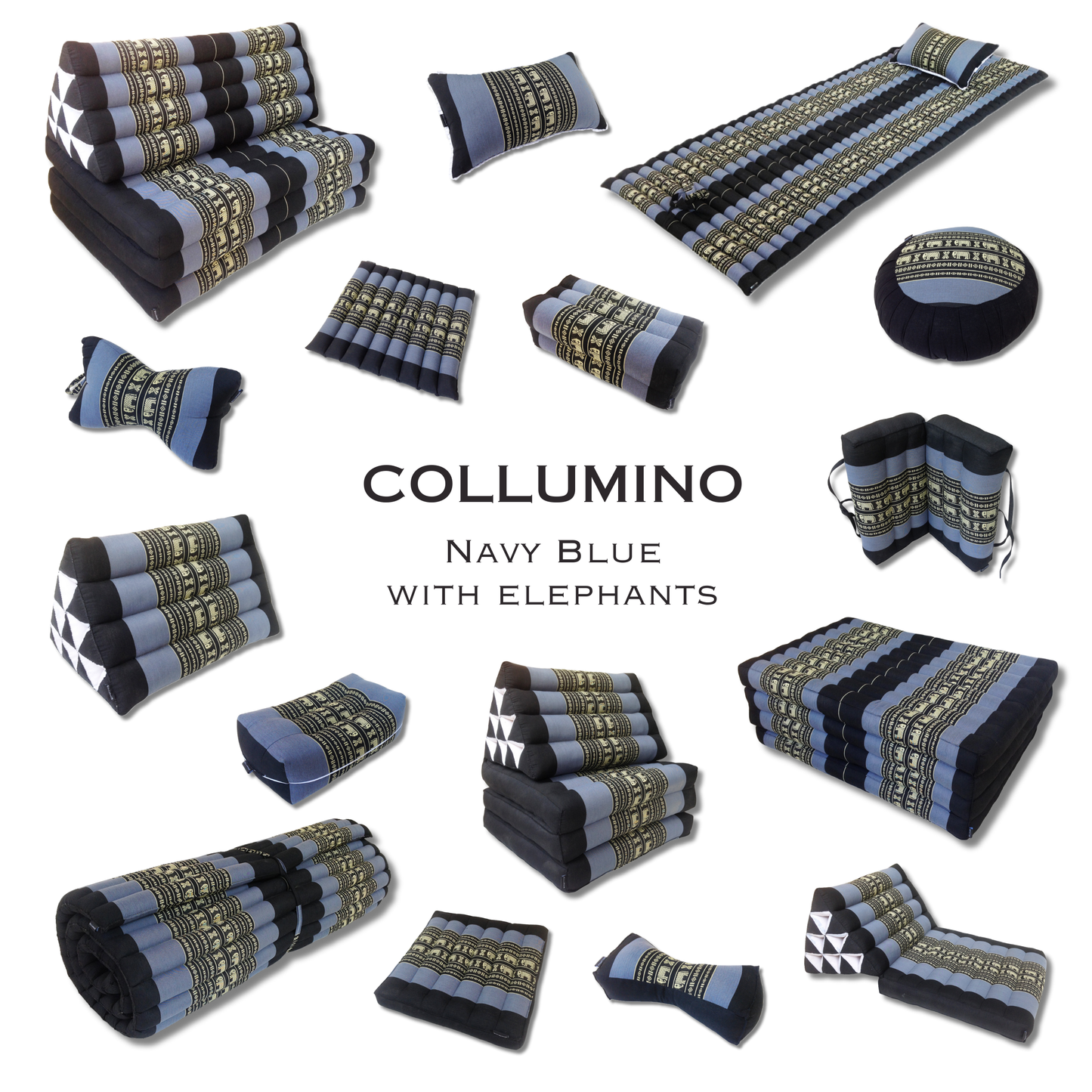 Thai Kapok Triangle Recliner Cushion ~ Blue with Elephants