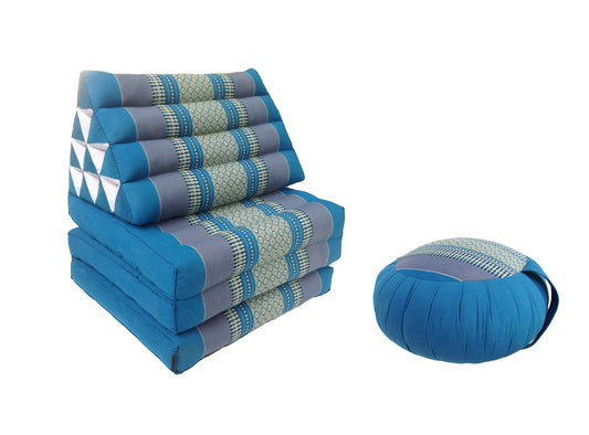 Thai Kapok Floor Mattress 3-Fold with Triangle Cushion and Zafu – Oriental Style Seating for Yoga, Massage & Relaxation (Blue)