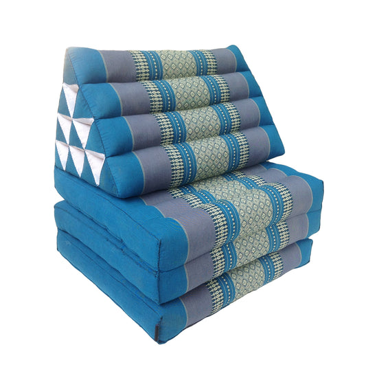 Thai Kapok Floor Mattress 3-Fold with Triangle Cushion and Zafu – Oriental Style Seating for Yoga, Massage & Relaxation (Blue)