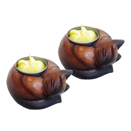 Sleeping Cat Wooden Tealight Holders – Pack of 2