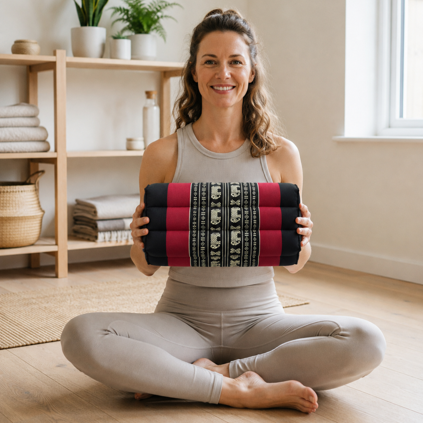 Thai Kapok Yoga & Meditation Cushion Support Block (35 × 15 × 10cm) – Natural Kapok Meditation Seat & Yoga Bolster by Collumino (Red & Black with Elephants)