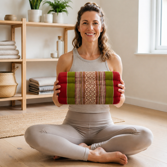Thai Kapok Yoga & Meditation Cushion Support Block (35 × 15 × 10cm) – Natural Kapok Meditation Seat & Yoga Bolster by Collumino (Green & Burgundy)