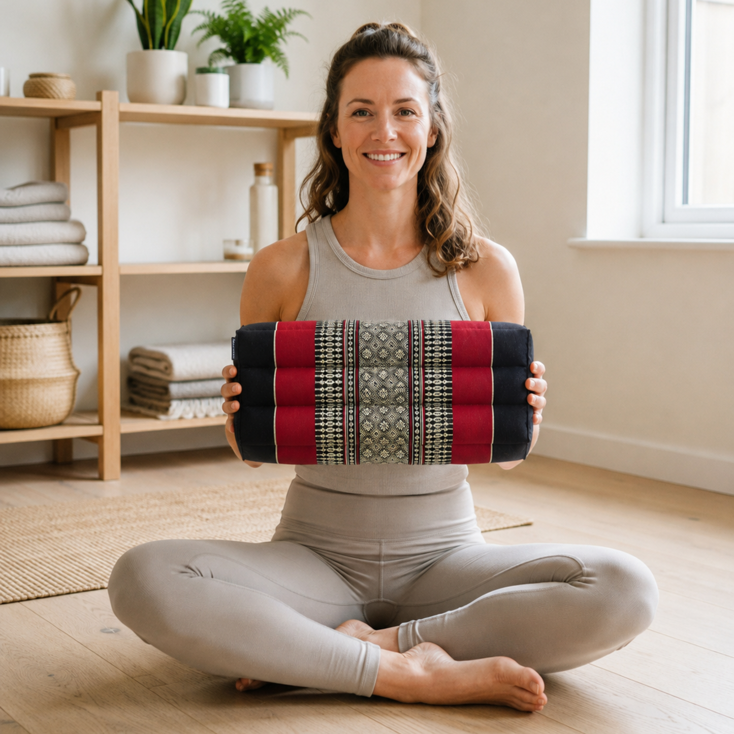 Thai Kapok Yoga & Meditation Cushion Support Block (35 × 15 × 10cm) – Natural Kapok Meditation Seat & Yoga Bolster by Collumino (Red & Black)